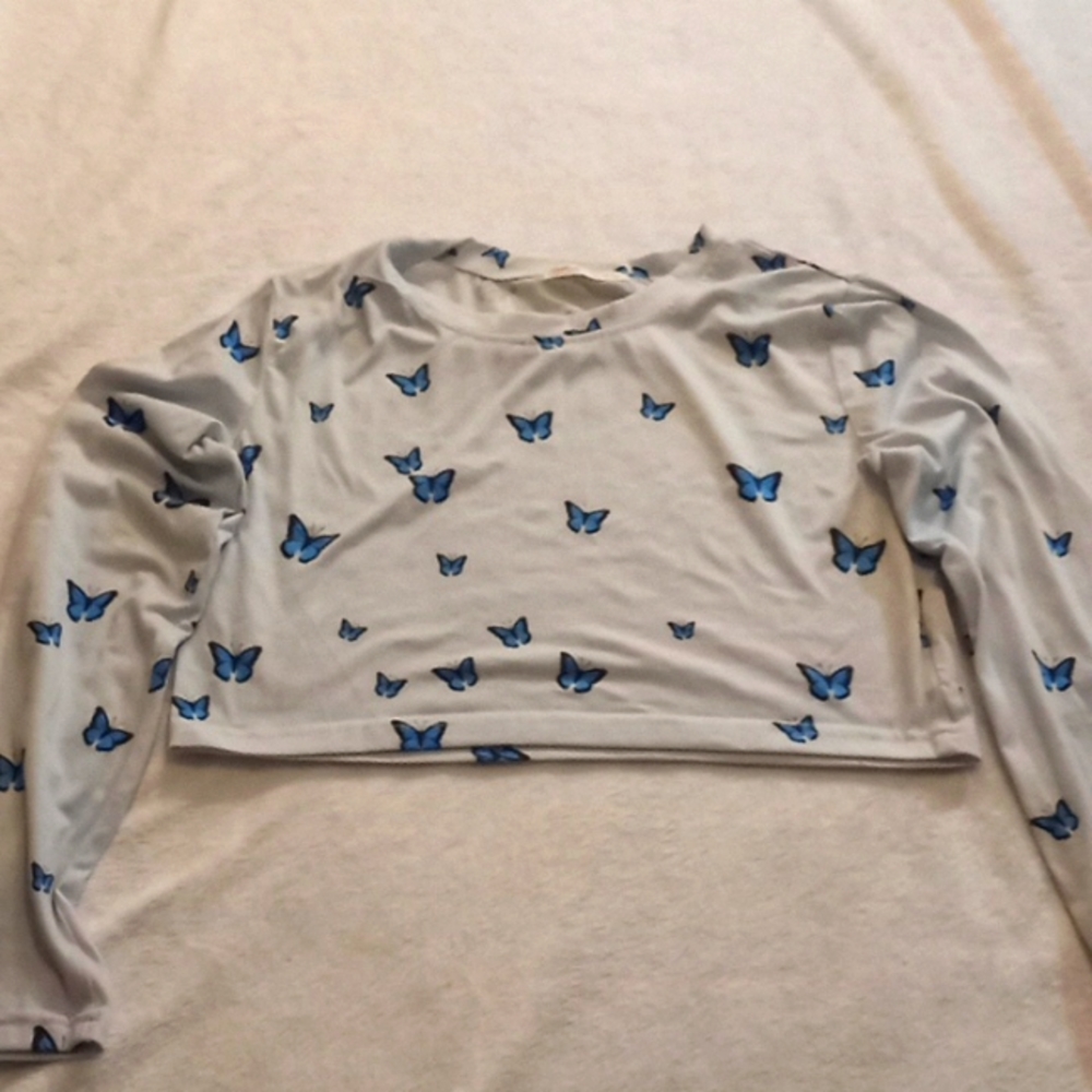 Long sleeve blue cropped butterfly shirt